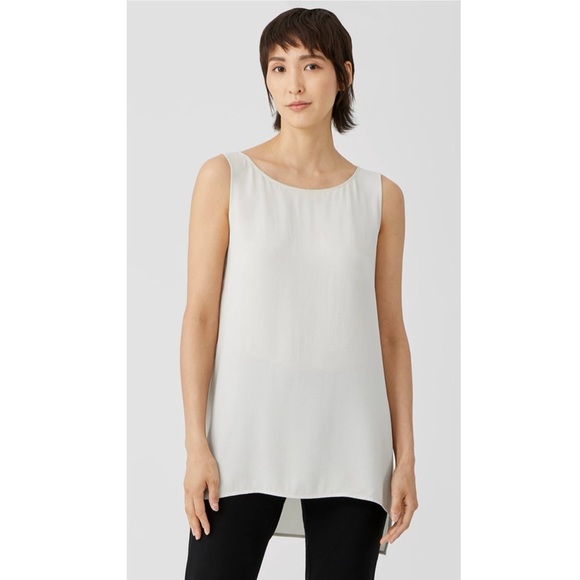 Eileen Fisher Silk Georgette Crepe Ballet Neck Long Tank Hi Low Hem Bone Ivory - Picture 1 of 9
